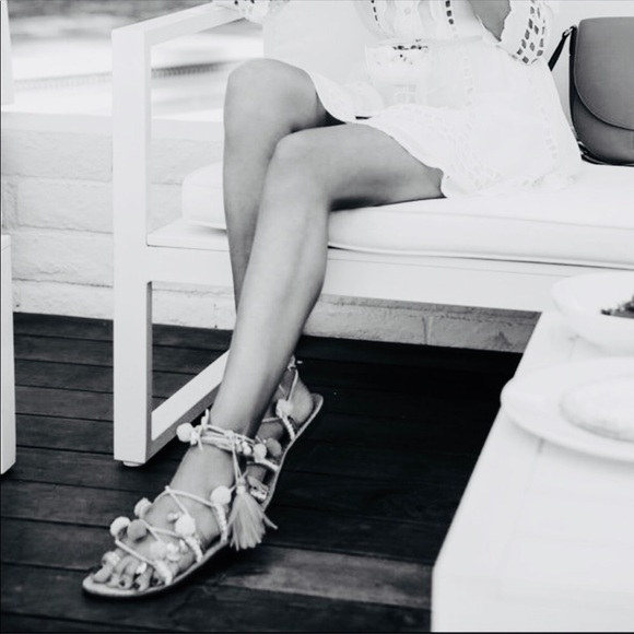 Black Lace Up Ankle Wrap Gladiator Pom Pom Sandals - Picture 4 of 4